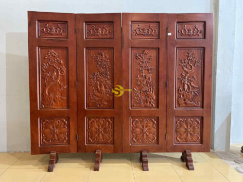 Bộ bình phong tứ quý gõ đỏ 4 tấm LT068 - Ảnh 3