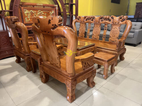 Bộ bàn ghế gỗ gõ đỏ tay rồng đào tựa liền 6 món tay 12 BBG658 - Hình ảnh 5