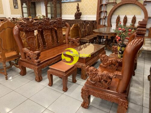 Bộ bàn ghế hương đá nghê đỉnh 2 mặt, tay lân mặt liền 6 món tay 12 BBG381 - Hình ảnh 6