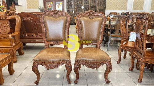 Ghế ăn cổ điển Haga chạm hoa lá tây gõ đỏ bọc da GA507