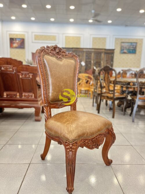 Ghế ăn cổ điển Haga chạm hoa lá tây gõ đỏ bọc da GA507 - Hình ảnh 3