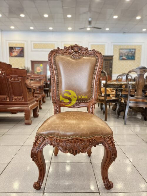 Ghế ăn cổ điển Haga chạm hoa lá tây gõ đỏ bọc da GA507 - Hình ảnh 2