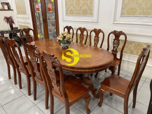 Bộ bàn ăn 10 ghế gõ đỏ lào bàn ovan  BBA2225B - Hình ảnh 7