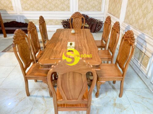 Bộ bàn ăn gõ đỏ 8 ghế chạm tựa hoa mai bàn lượn-BBA2228L 17 Bo ban an go do 8 ghe cham tua hoa mai ban luon 12
