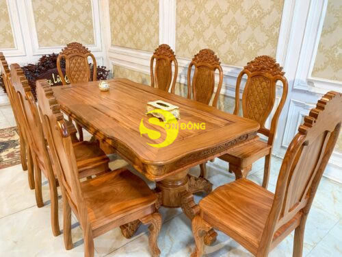 Bộ bàn ăn gõ đỏ 8 ghế chạm tựa hoa mai bàn lượn-BBA2228L 15 Bo ban an go do 8 ghe cham tua hoa mai ban luon 14