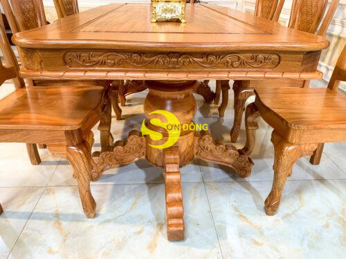 Bộ bàn ăn gõ đỏ 8 ghế chạm tựa hoa mai bàn lượn-BBA2228L 14 Bo ban an go do 8 ghe cham tua hoa mai ban luon 15