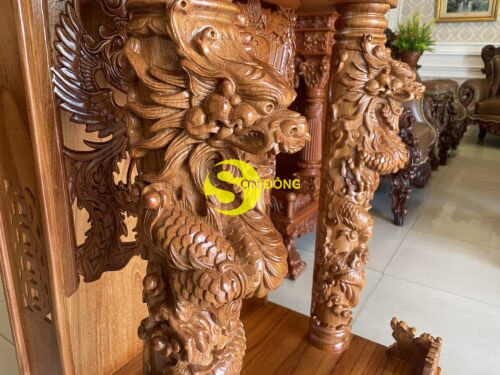 Bàn thờ ông địa 70 gõ đỏ không hộp đèn rồng đứng siêu VIP SD376D - Hình ảnh 4