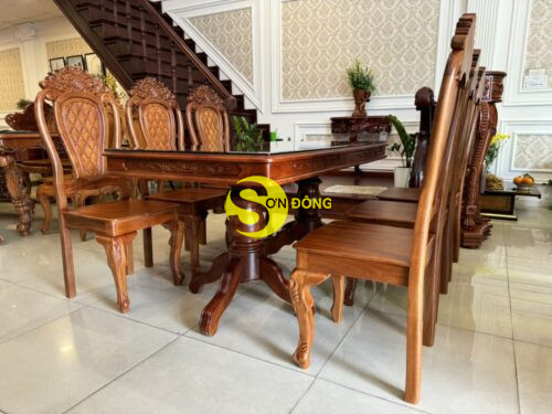 Bộ bàn ăn căm xe 6 ghế chạm tựa hoa mai bàn vuông BBA1226V - Ảnh 7