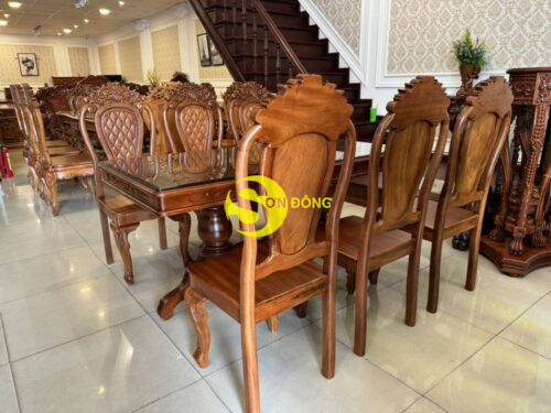 Bộ bàn ăn căm xe 6 ghế chạm tựa hoa mai bàn vuông BBA1226V - Ảnh 3