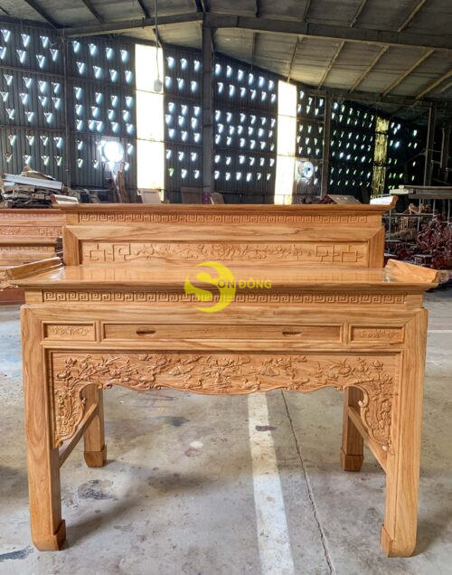 Bàn thờ nhị cấp hoa sen gõ đỏ 1m53