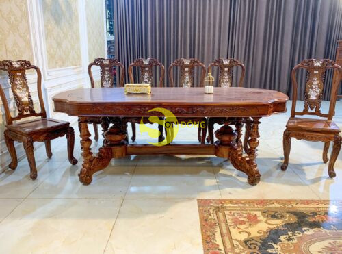 Bộ bàn ăn cẩm lai 10 ghế tựa đào cẩn ốc bàn ovan khuyết BBA4210C - Hình ảnh 6