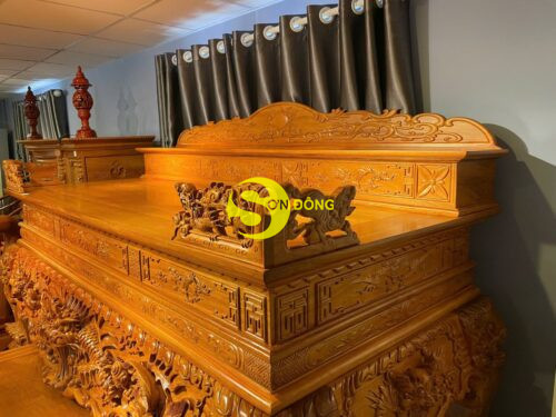 Combo sập thờ nhị cấp chạm tứ linh kèm bàn cúng cơm chân 24 - SD0124 - Hình ảnh 2