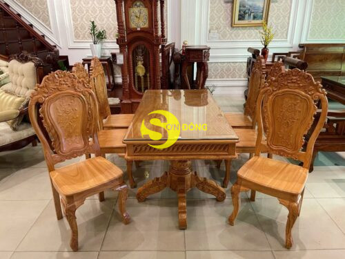 Bộ bàn ăn gõ đỏ 6 ghế hoa lá tây bàn vuông-BBA2136V - Hình ảnh 2