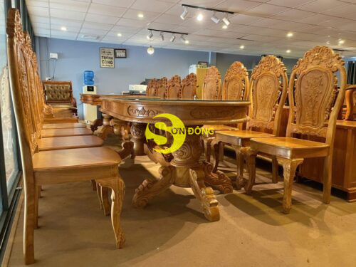 Bộ bàn ăn gõ đỏ 8 ghế hoa lá tây bàn Oval-BBA2338B - Hình ảnh 9