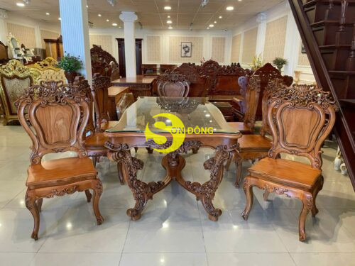 Ban an louis Fidia co dien go do mat kinh sang trong BA232 8