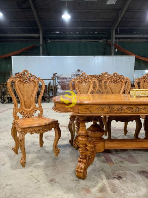 Bộ bàn ăn gõ đỏ 8 ghế Louis cẩn nu bàn ovan khuyết - BBA2308C - Ảnh 6