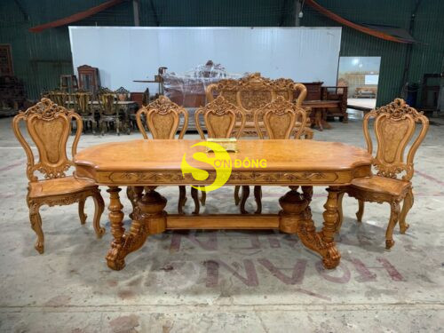 Bộ bàn ăn gõ đỏ 8 ghế Louis cẩn nu bàn ovan khuyết - BBA2308C - Ảnh 7