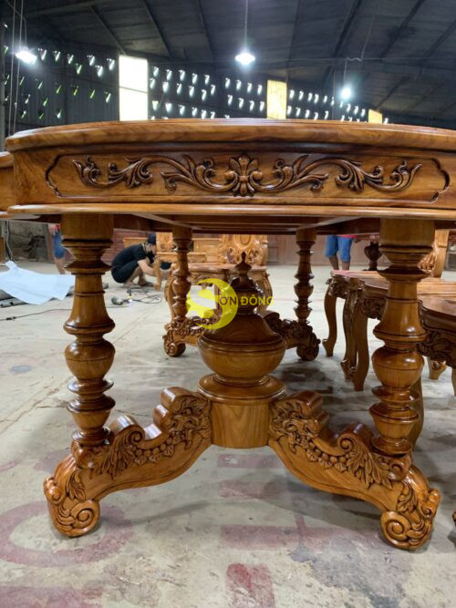 Bộ bàn ăn gõ đỏ 8 ghế Louis cẩn nu bàn ovan khuyết - BBA2308C - Ảnh 13