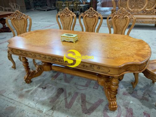 Bộ bàn ăn gõ đỏ 8 ghế Louis cẩn nu bàn ovan khuyết - BBA2308C - Ảnh 11