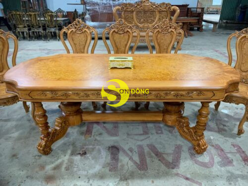 Bộ bàn ăn gõ đỏ 8 ghế Louis cẩn nu bàn ovan khuyết - BBA2308C - Ảnh 3