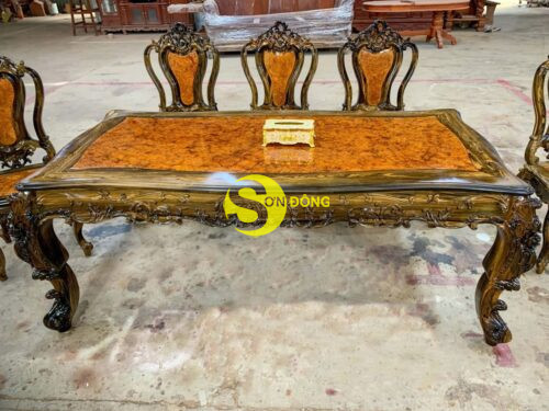 Bộ bàn ăn louis gỗ mun sọc mặt nu 8 ghế bàn lượn -BBA5299L - Ảnh 3