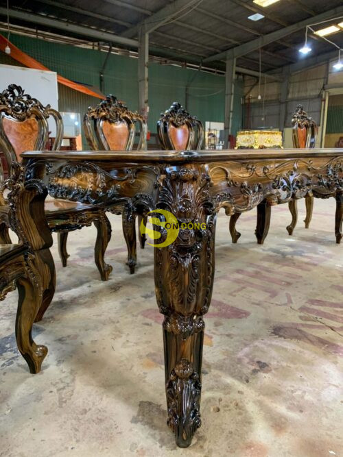 Bộ bàn ăn louis gỗ mun sọc mặt nu 8 ghế bàn lượn -BBA5299L - Ảnh 2