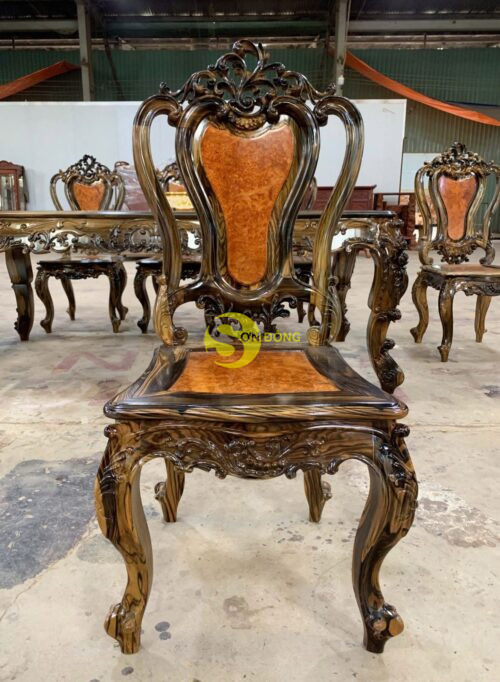 Bộ bàn ăn louis gỗ mun sọc mặt nu 8 ghế bàn lượn -BBA5299L - Ảnh 4
