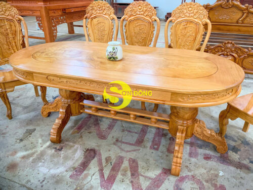 Bộ bàn ăn gõ đỏ 8 ghế hoa hồng bàn Oval-BBA2348B - Ảnh 12