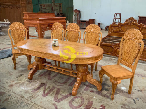 Bộ bàn ăn gõ đỏ 8 ghế hoa hồng bàn Oval-BBA2348B - Ảnh 9
