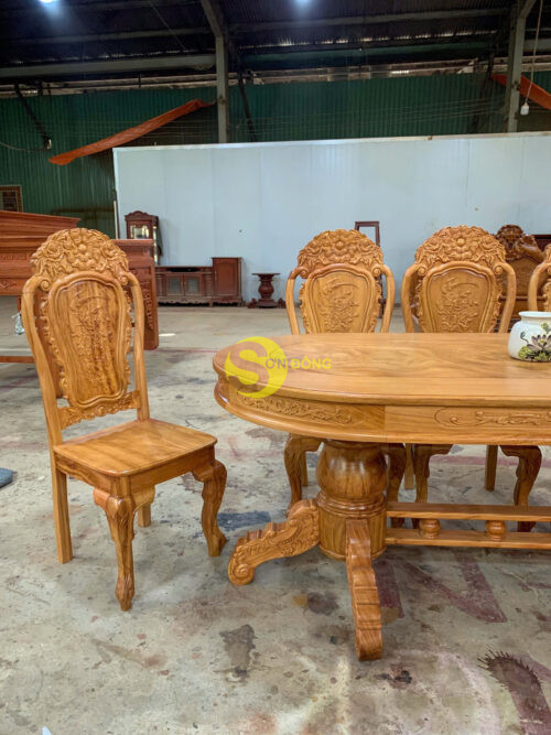 Bộ bàn ăn gõ đỏ 8 ghế hoa hồng bàn Oval-BBA2348B - Ảnh 7