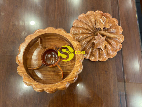 Hộp mứt đựng bánh kẹo quả bí tròn xoay gỗ hương đá - HM25 - Ảnh 3
