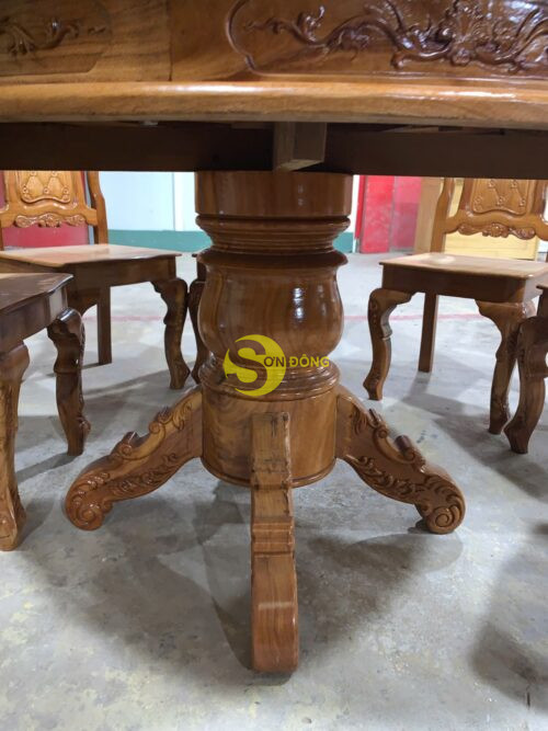 Bộ bàn ăn căm xe mặt gõ 8 ghế tựa hoa mai bàn tròn-BBA1348T - Ảnh 6