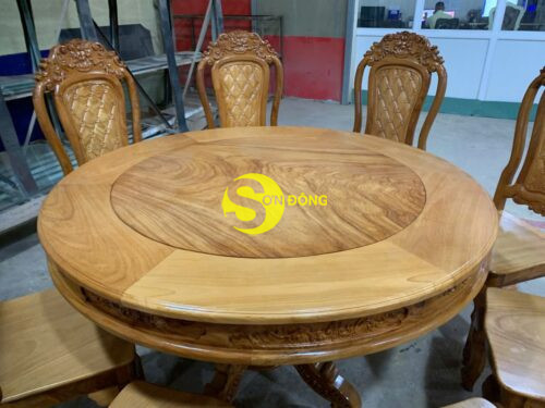 Bộ bàn ăn căm xe mặt gõ 8 ghế tựa hoa mai bàn tròn-BBA1348T - Ảnh 5