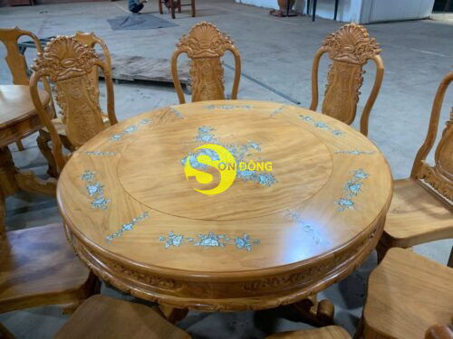 Bộ bàn ăn tròn gõ đỏ 8 ghế hoa lá tây bàn cẩn ốc-BBA2388T - Ảnh 6