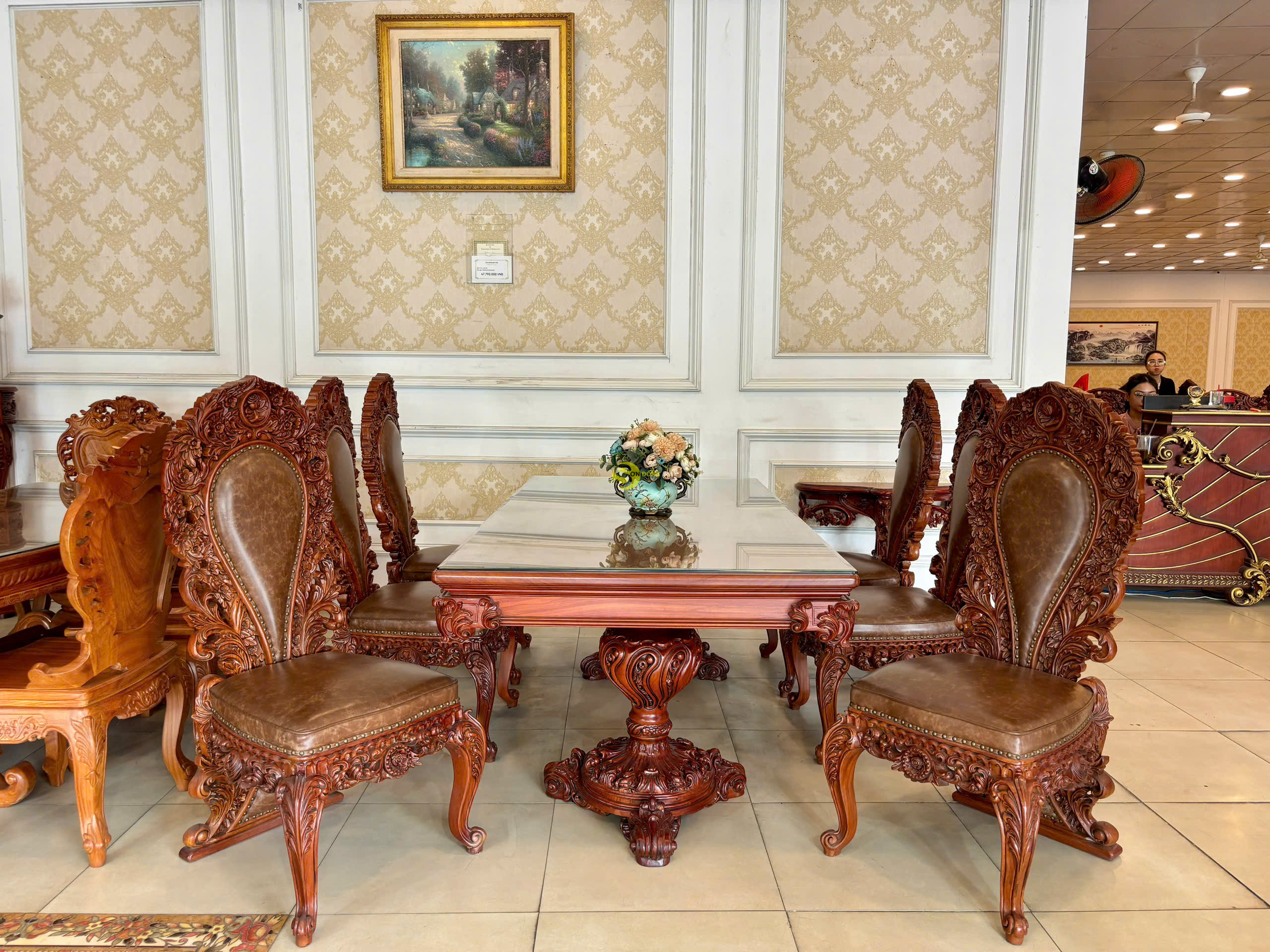 Bộ bàn ăn Hoàng Gia Louis Fidia Mặt liền BA0291 + 6 ghế GA088B 1 Bộ bàn ăn Hoàng Gia Louis Fidia Mặt liền BA0291 + 6 ghế GA088B