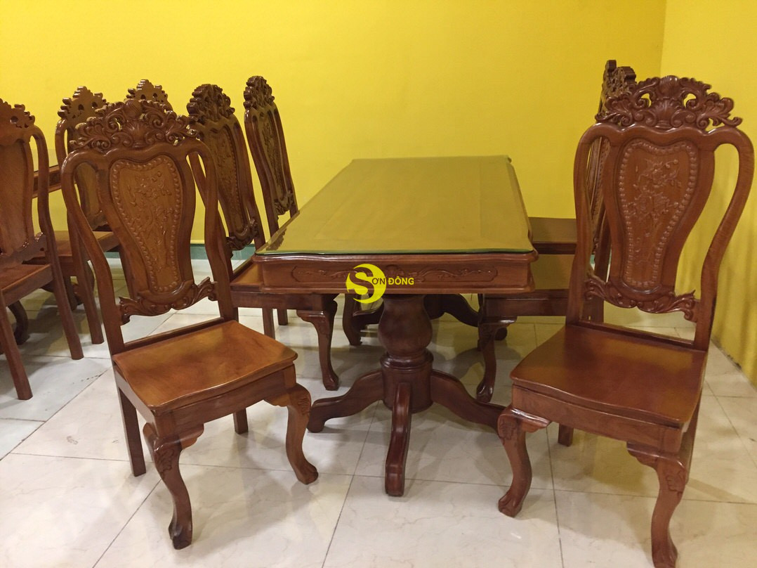 Bộ bàn ăn căm xe 6 ghế  hoa lá tây bàn vuông lượn - BBA1166L