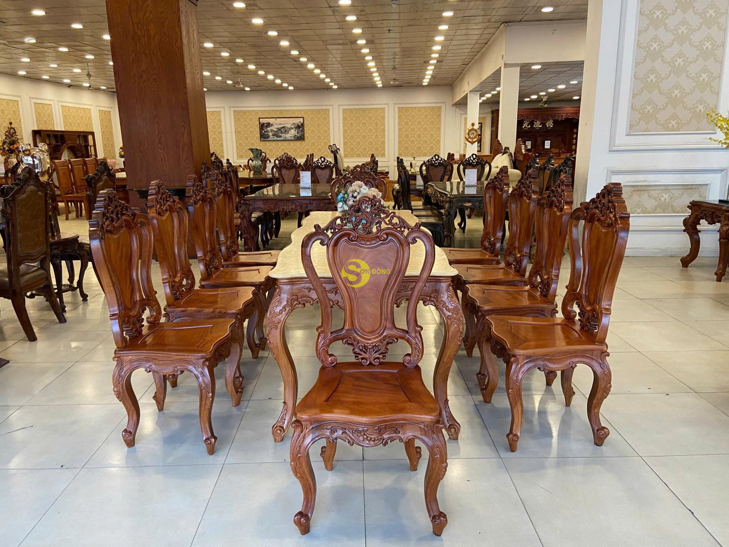 Bộ bàn dài louis mặt đá 10 ghế - BBA2210