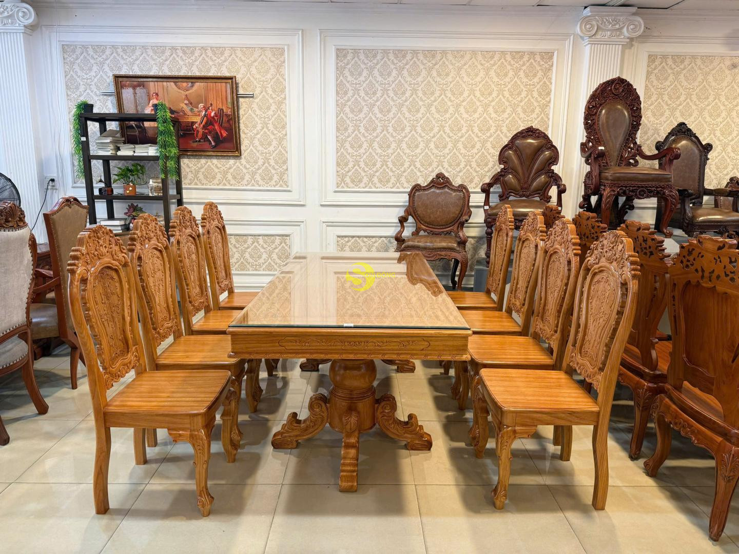 Bộ bàn ăn gõ đỏ 8 ghế hoa lá tây bàn vuông  - BBA2229V