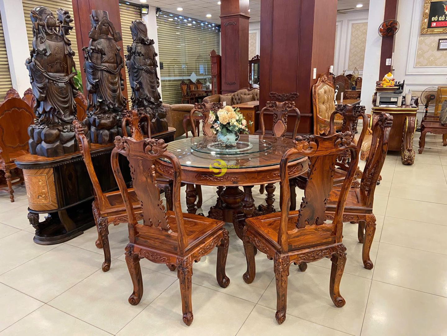 Bộ bàn ăn cẩm lai xịn ghế tựa nu chạm đào bàn tròn - BBA4288T