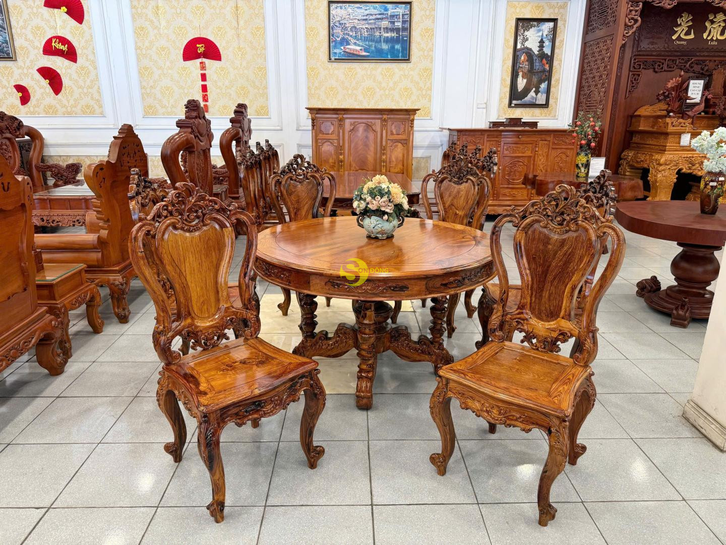 Bộ bàn ăn cẩm lai 6 ghế luois mặt bàn tròn - BBA436T