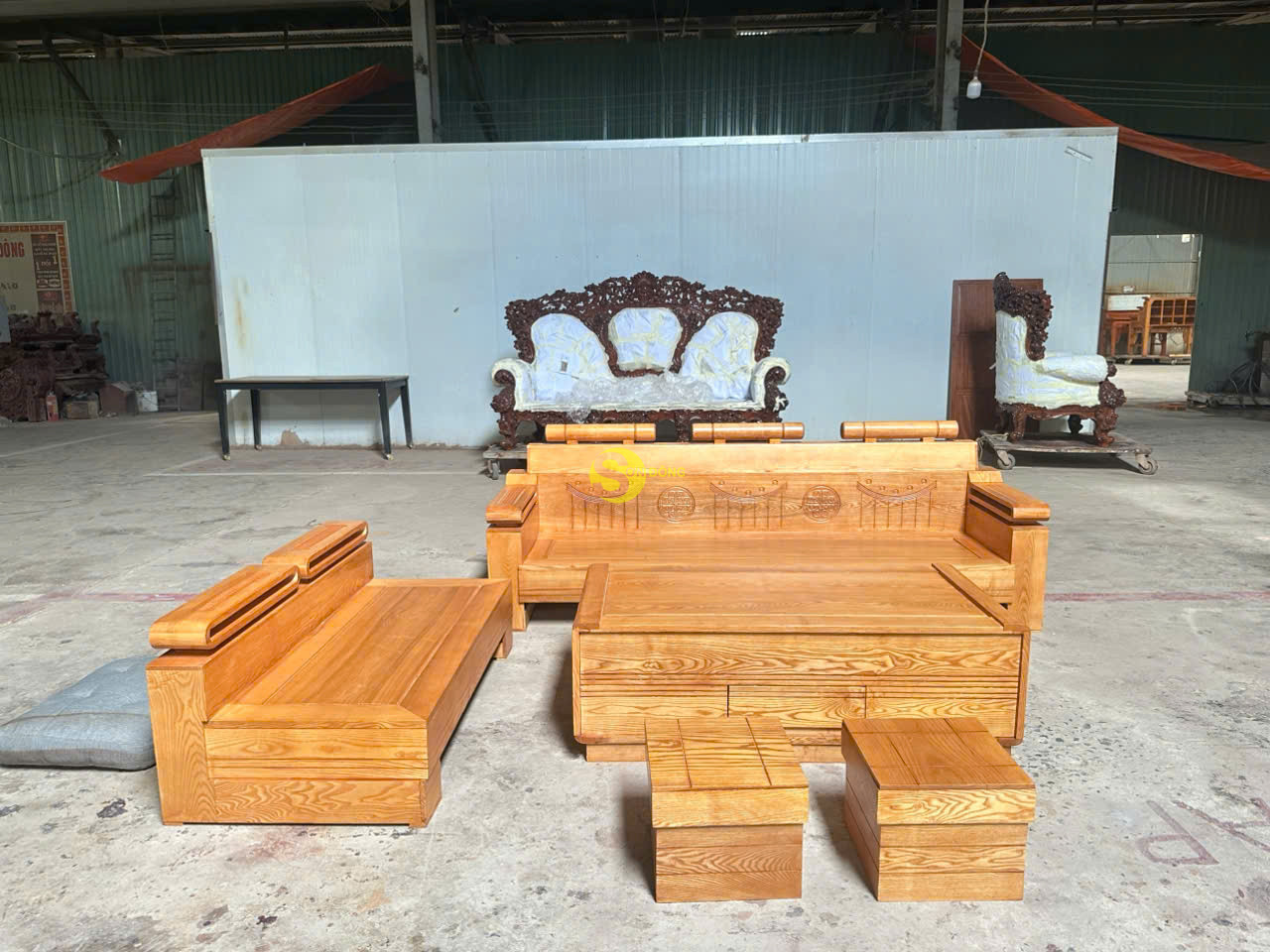 Bộ sofa góc hiện đại gỗ sồi nga 5 món tựa sơn thủy SFG012