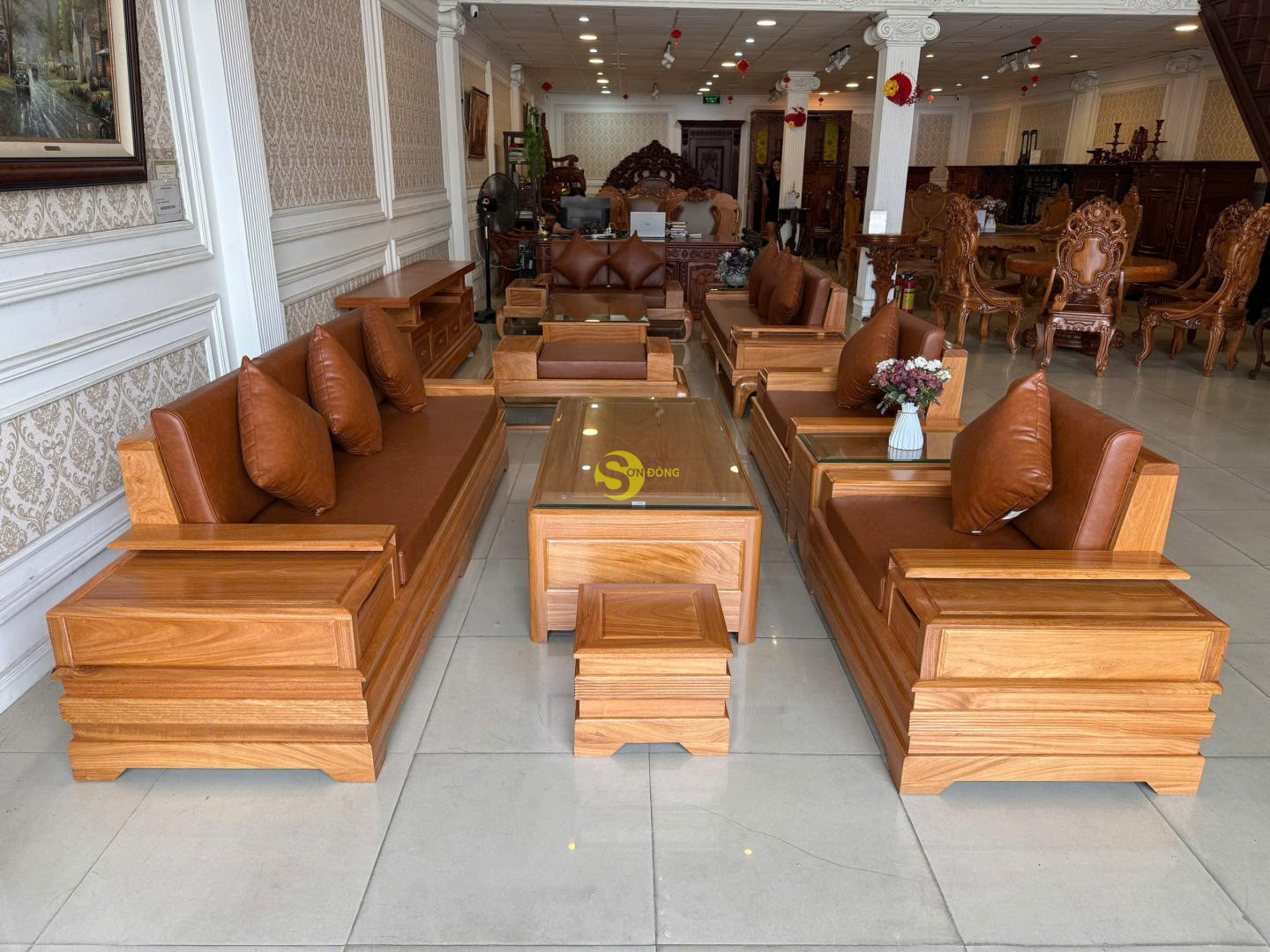 Bộ sofa hiện đại gỗ gõ đỏ 6 món bọc simili  - BBG027