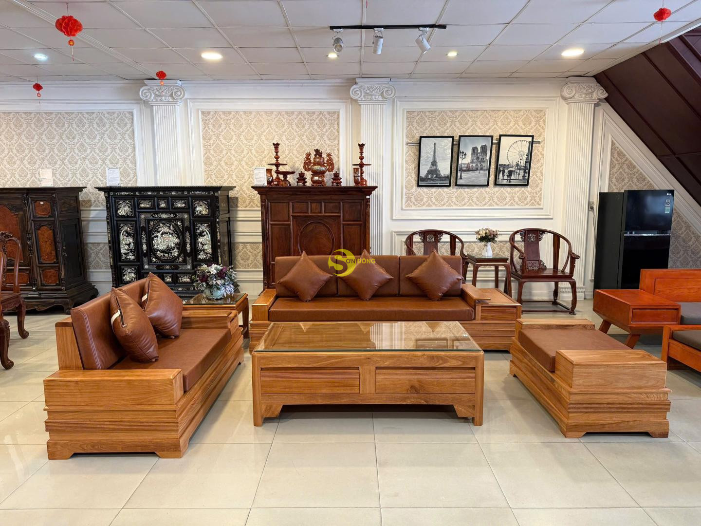 Sofa góc hiện đại gỗ gõ đỏ 5 món bọc simili - BBG028