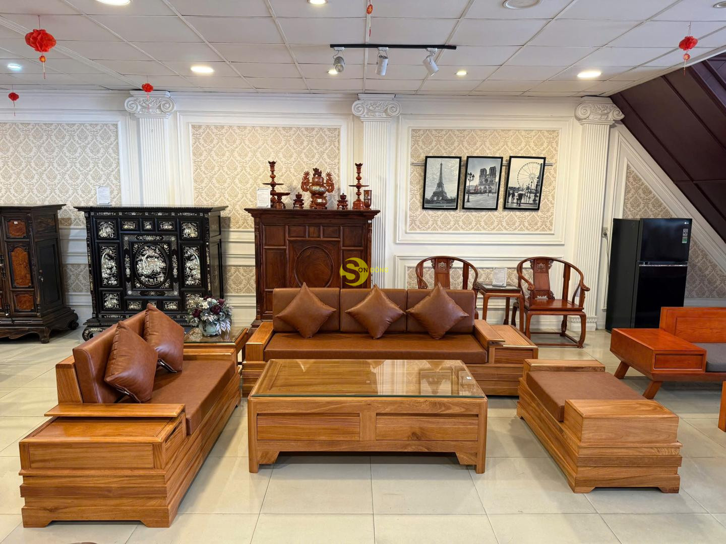 Sofa góc hiện đại gỗ gõ đỏ 5 món bọc simili - BBG028