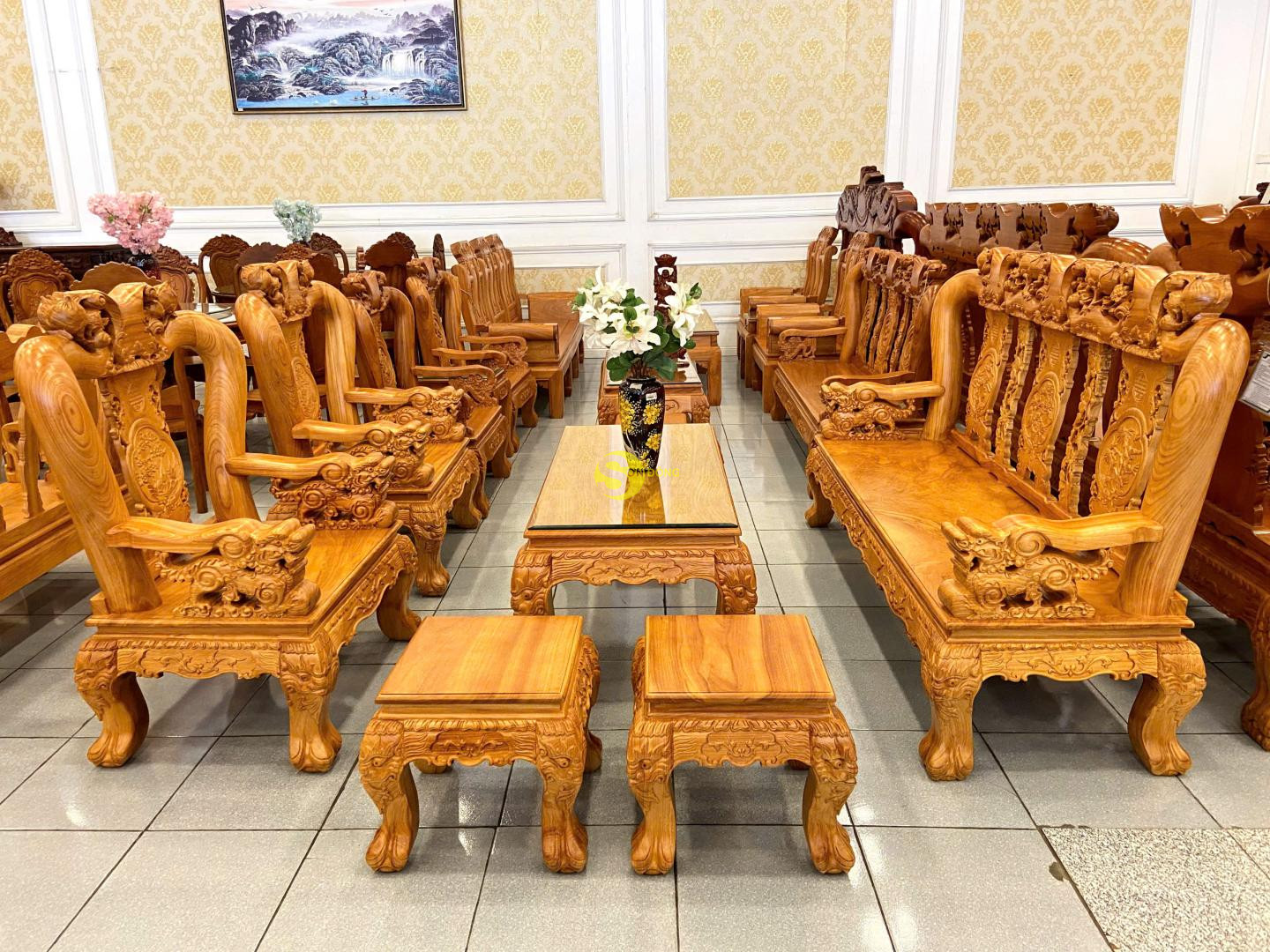 Bộ Bàn ghế gõ đỏ tay ghê nguyên khối 6 món tay 12 mặt nguyên tấm dày 2 phân VIP  BBG264