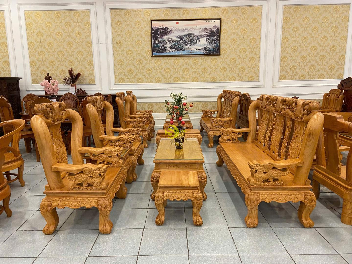 Bộ gõ đỏ đào tay nghê 6 món tay 12 mặt 3 phân VIP - BBG287