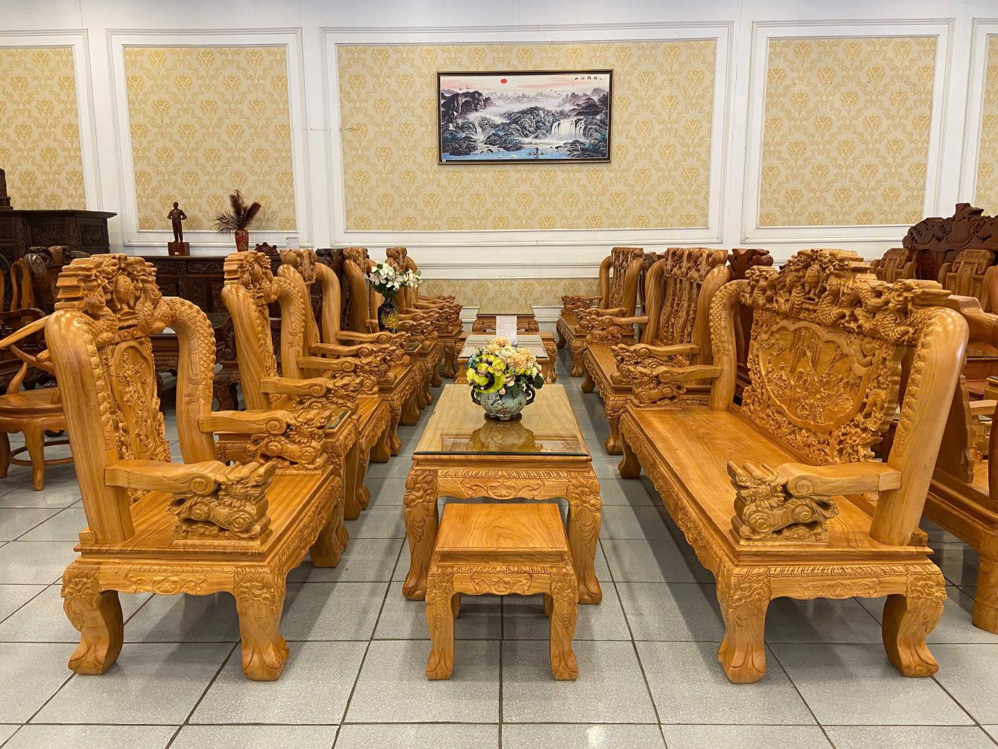 Bộ bàn ghế gõ đỏ tay rồng nguyên khối 6 món tay 12 mặt nguyên tấm dày 2 phân - BBG296