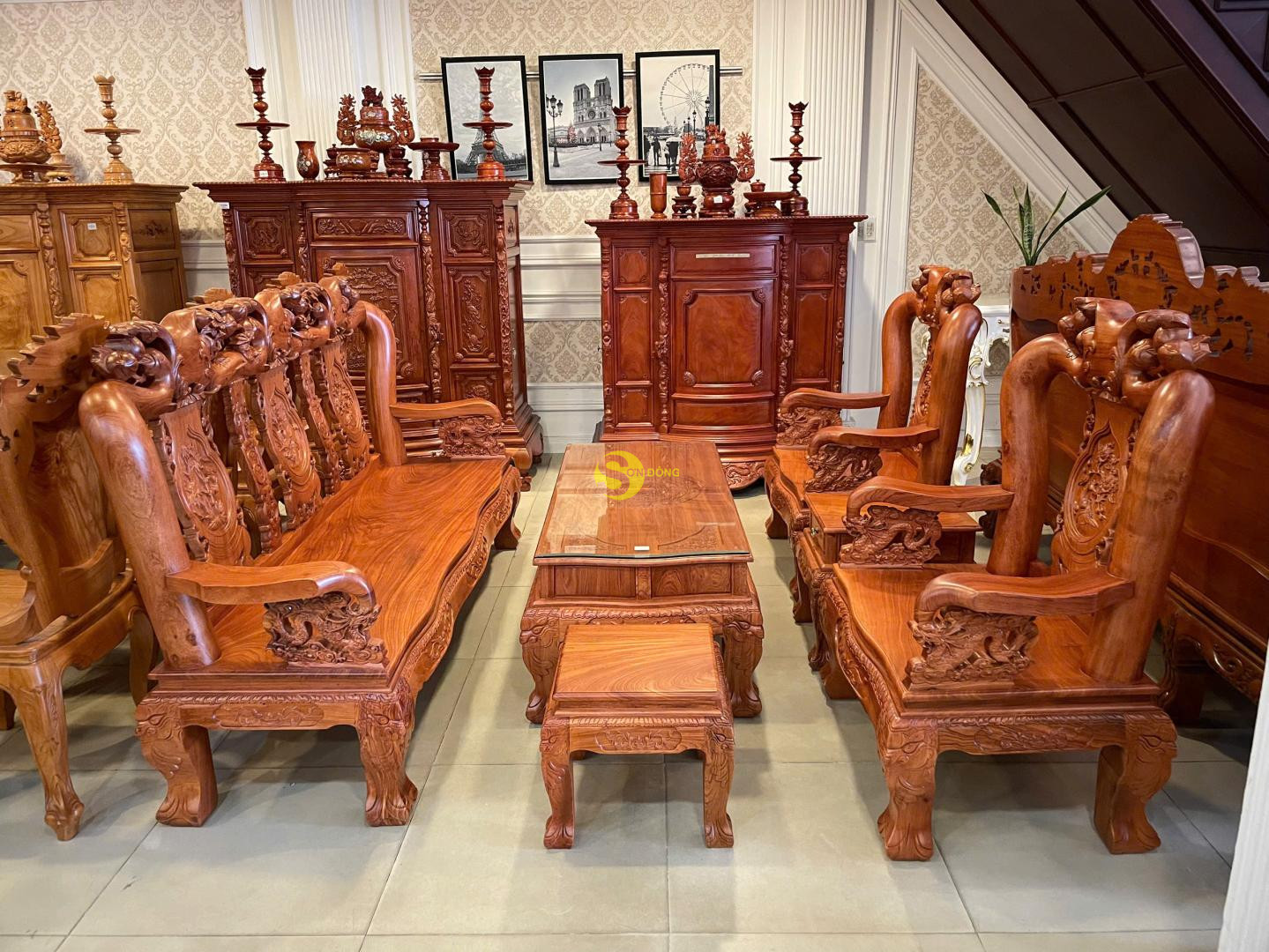 Bộ bàn ghế hương đá tay rồng nguyên khối 6 món tay 12 mặt nguyên tấm dày 2 phân - BBG303