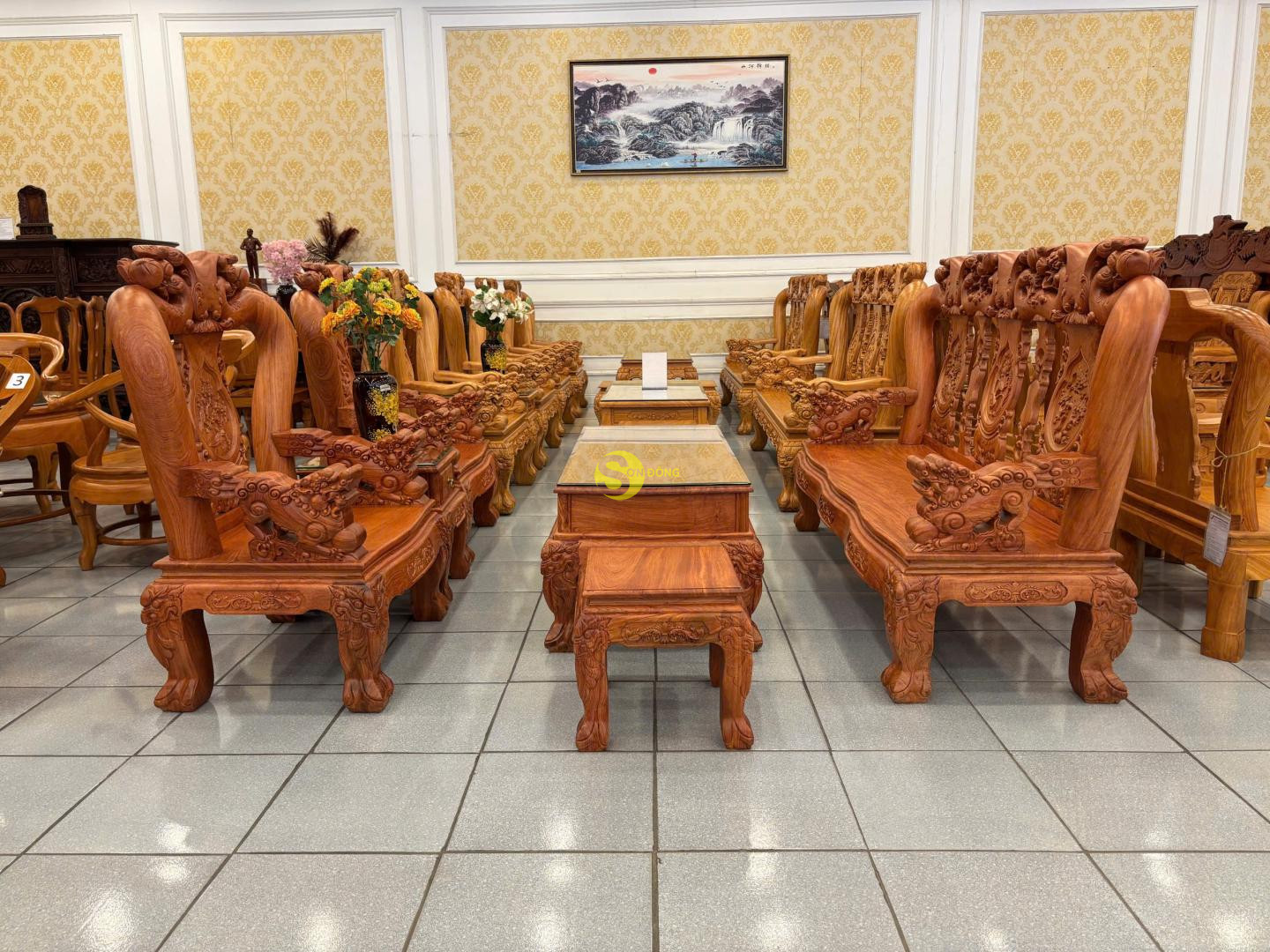 Bộ bàn ghế hương đá tay nghê nguyên khối 6 món tay 12 mặt nguyên tấm dày 2 phân - BBG304
