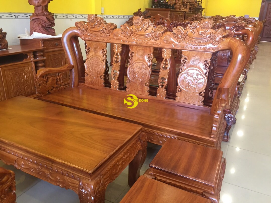 Bộ bàn ghế chạm lân 2 mặt gỗ gõ đỏ tay 10 - BBG324